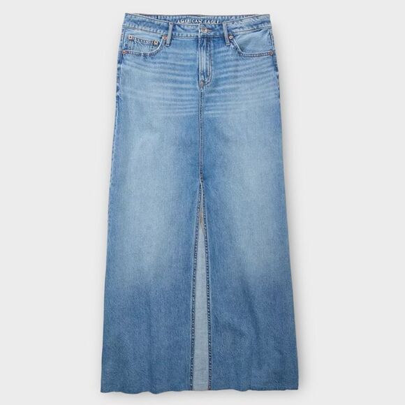 American Eagle Jean Maxi Y2K Front Slit Low Waisted Casual Blue Denim Maxi Skirt - Picture 1 of 2